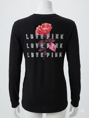 Victoria's Secret PINK Black Long Sleeve Campus Tee Small Sequin Rose Graphic